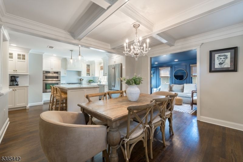 Chandelier, Dining room, Interior, Kitchen, Recessed Lighting, Stainless Steel Appliances, Wood Texture Flooring