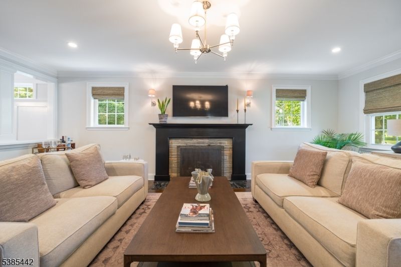 Chandelier, Fireplace, Interior, Living room, Recessed Lighting