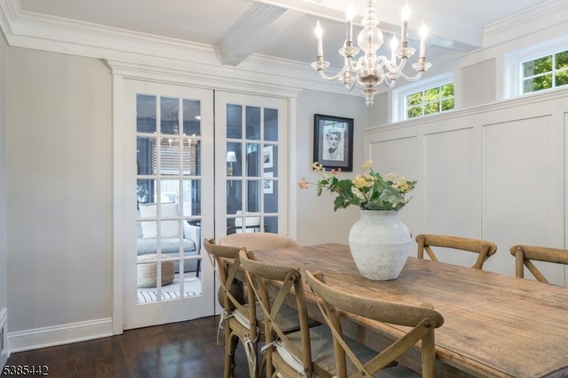 Chandelier, Dining room, Interior, Wood Texture Flooring