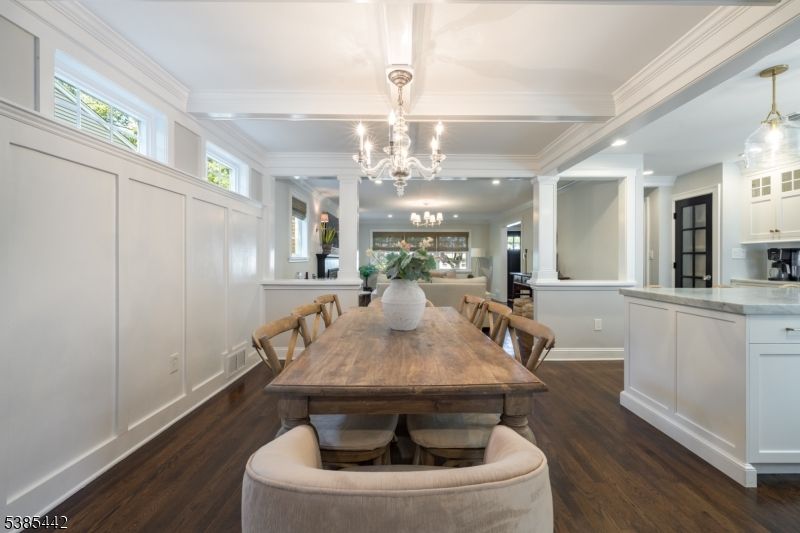 Chandelier, Dining room, Interior, Kitchen, Recessed Lighting, Wood Texture Flooring