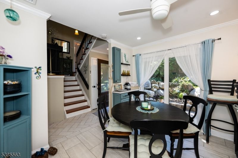 Dining room, Interior, Recessed Lighting, Wood Texture Flooring