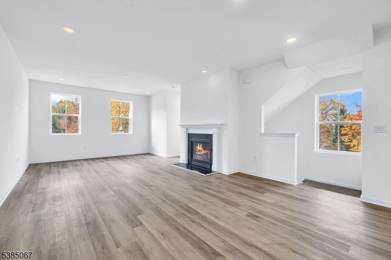 Empty room, Fireplace, Interior, Recessed Lighting, Wood Texture Flooring