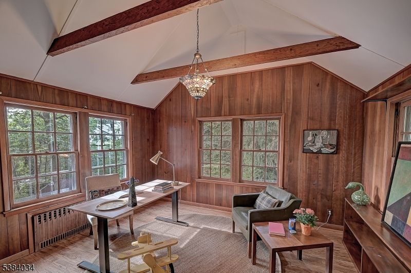 Chandelier, Home Office, Interior, Pendant Lights, Wooden Beams, Wood Texture Flooring, Wooden Walls
