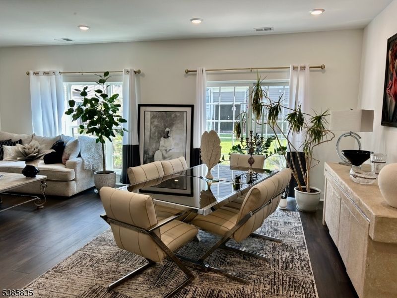 Dining room, Interior, Living room, Recessed Lighting, Wood Texture Flooring