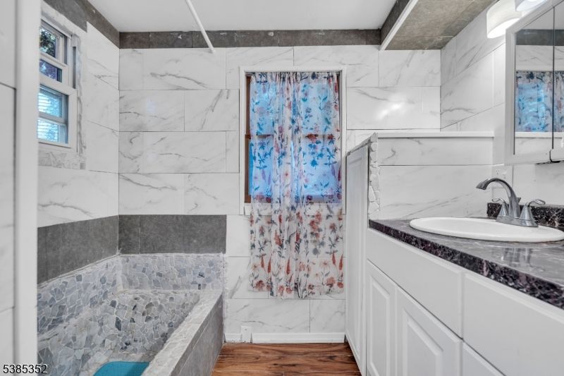 Bathroom, Interior, Marble Walls, Wood Texture Flooring