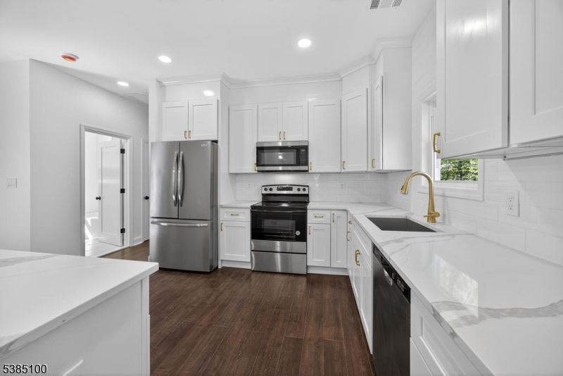 Interior, Kitchen, Recessed Lighting, Stainless Steel Appliances, Wood Texture Flooring