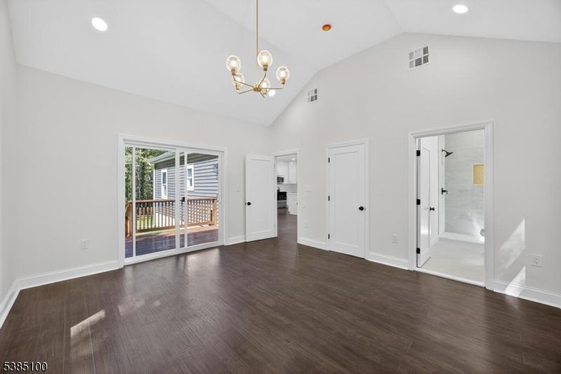 Chandelier, Empty room, Interior, Pendant Lights, Recessed Lighting, Wood Texture Flooring
