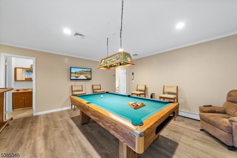Billiard Table, Game Room, Interior, Pendant Lights, Recessed Lighting, Wood Texture Flooring