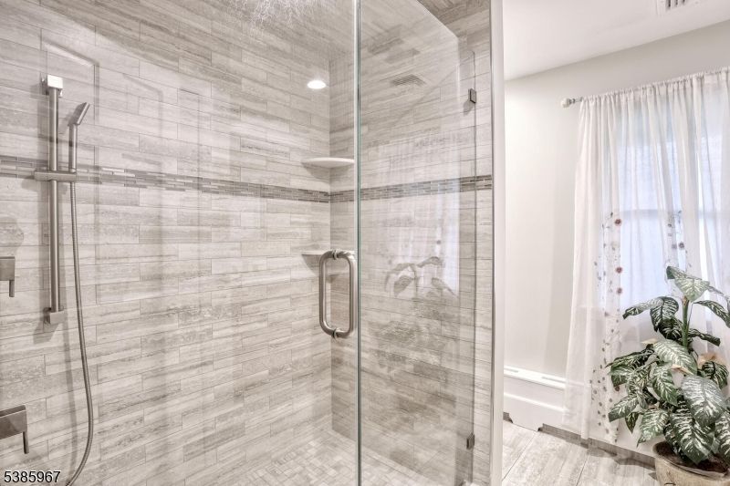 Bathroom, Glass Shower, Interior, Recessed Lighting, Wood Texture Flooring