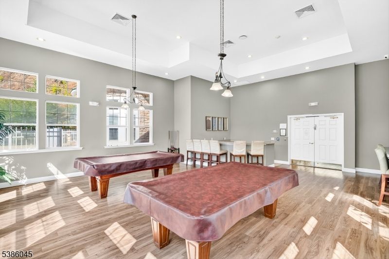 Billiard Table, Game Room, Interior, Pendant Lights, Recessed Lighting, Wood Texture Flooring