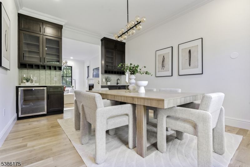 Dining room, Interior, Pendant Lights, Recessed Lighting, Wood Texture Flooring