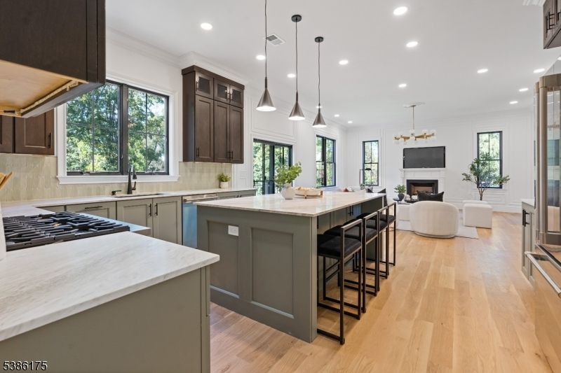 Fireplace, Interior, Kitchen, Living room, Pendant Lights, Recessed Lighting, Stainless Steel Appliances, Wood Texture Flooring