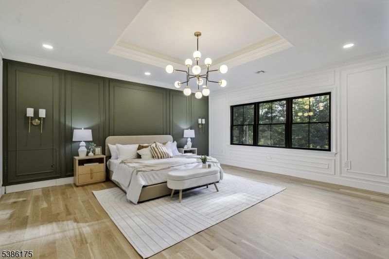 Bedroom, Interior, Pendant Lights, Recessed Lighting, Wood Texture Flooring