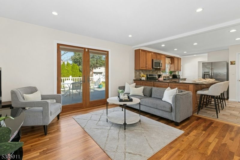 Interior, Kitchen, Living room, Recessed Lighting, Stainless Steel Appliances, Wood Texture Flooring