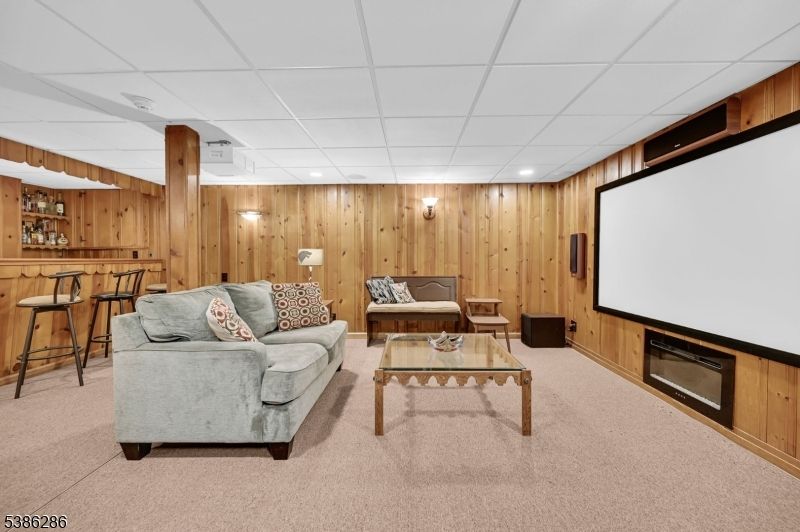 Interior, Living room, Projection Screen, Recessed Lighting, Wooden Walls