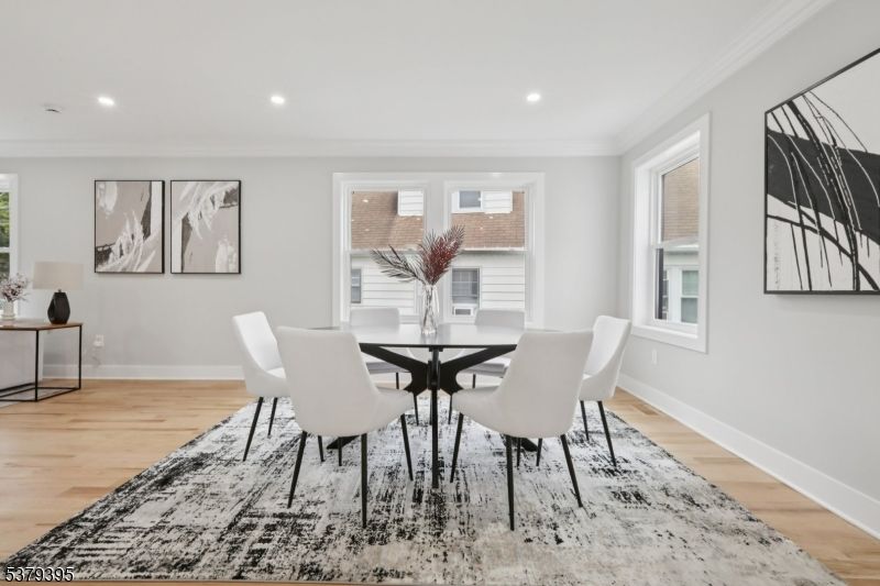 Dining room, Interior, Recessed Lighting, Wood Texture Flooring