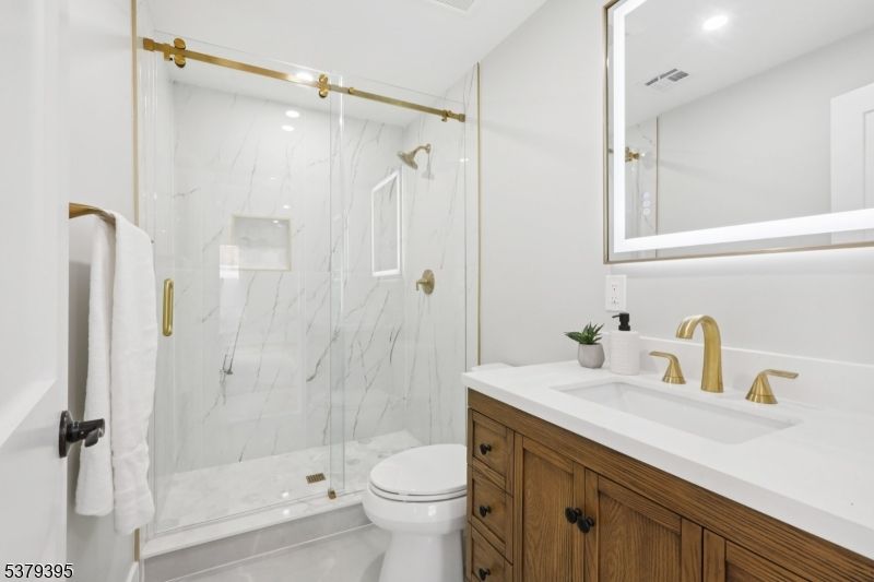 Bathroom, Glass Shower, Interior, Marble Walls, Recessed Lighting