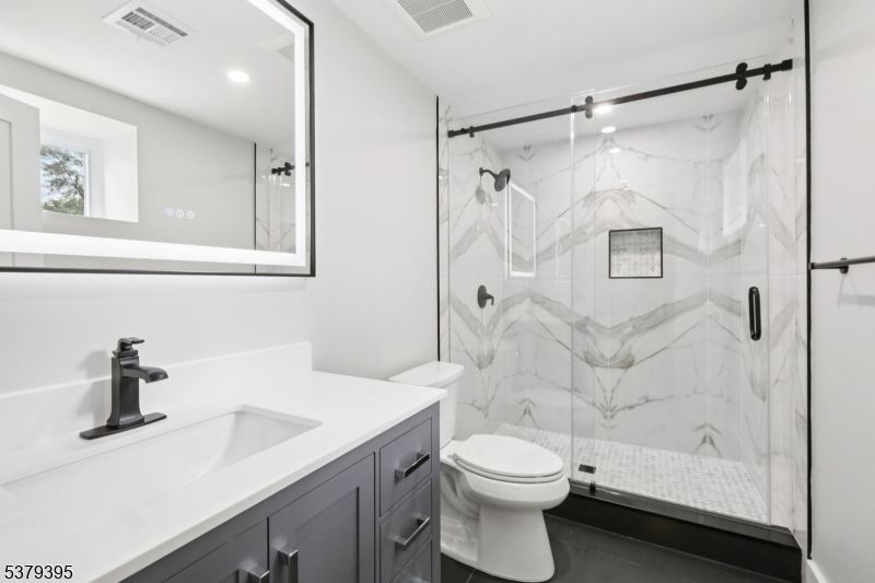 Bathroom, Glass Shower, Interior, Marble Walls, Recessed Lighting