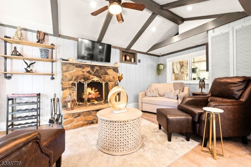 Fireplace, Interior, Living room, Recessed Lighting, Wooden Beams, Wood Texture Flooring