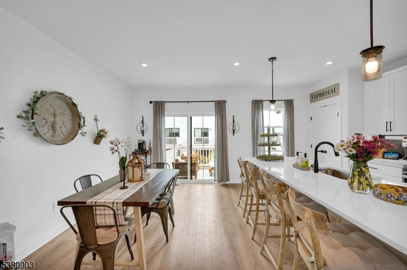Dining room, Interior, Pendant Lights, Recessed Lighting, Wood Texture Flooring