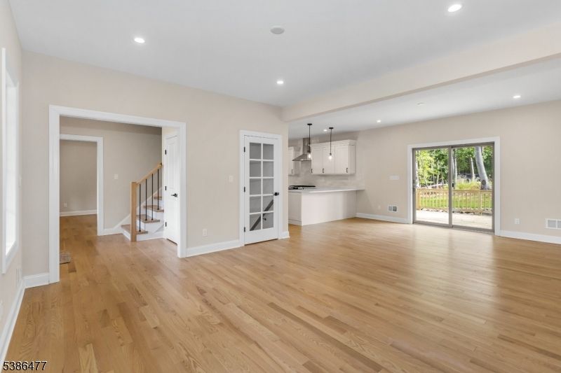 Empty room, Interior, Kitchen, Pendant Lights, Recessed Lighting, Wood Texture Flooring