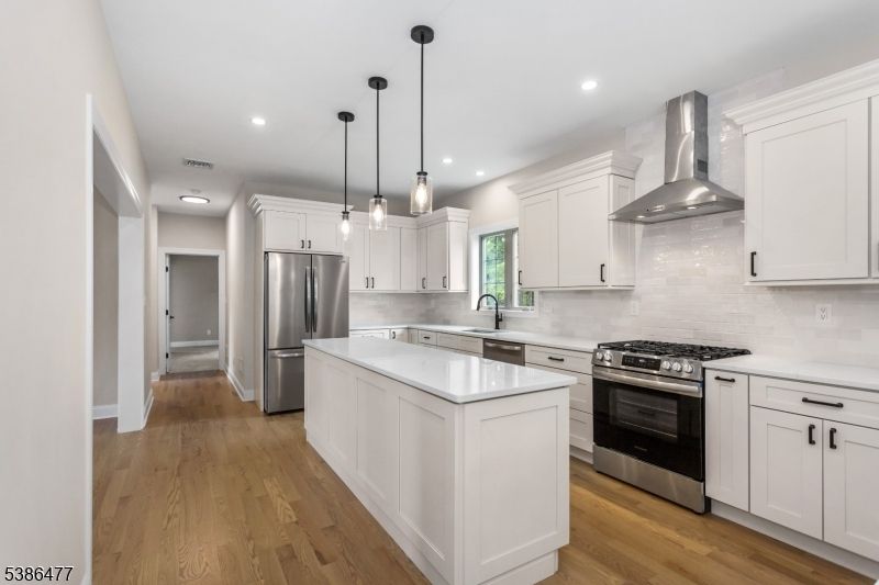 Interior, Kitchen, Pendant Lights, Recessed Lighting, Stainless Steel Appliances, Wood Texture Flooring