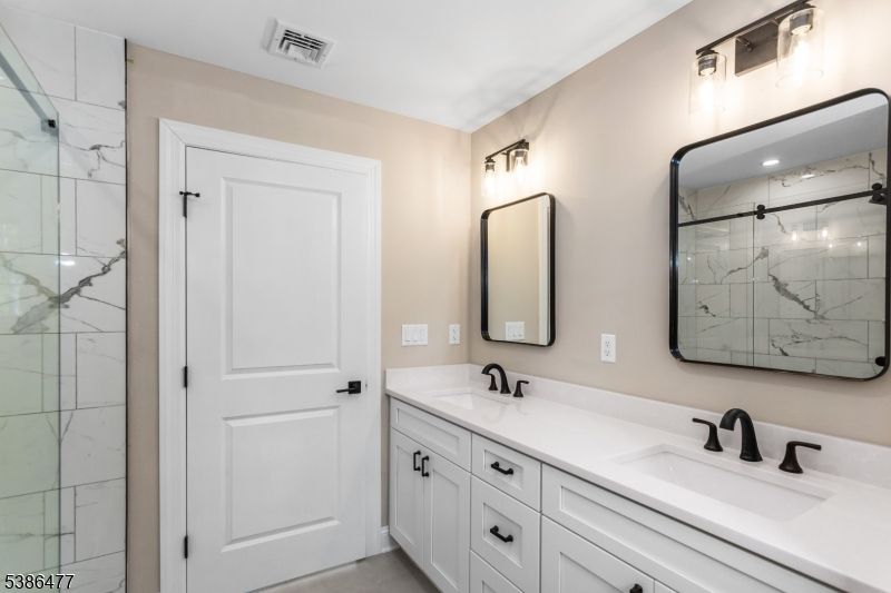 Bathroom, Dual Sink Vanities, Glass Shower, Interior, Marble Walls