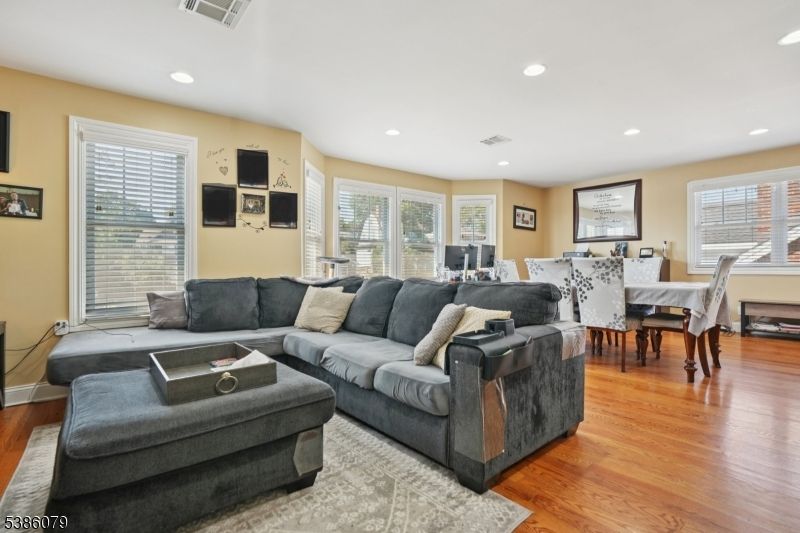 Dining room, Interior, Living room, Recessed Lighting, Wood Texture Flooring