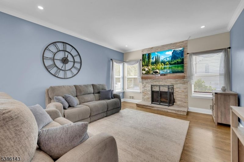 Fireplace, Interior, Living room, Recessed Lighting, Wood Texture Flooring