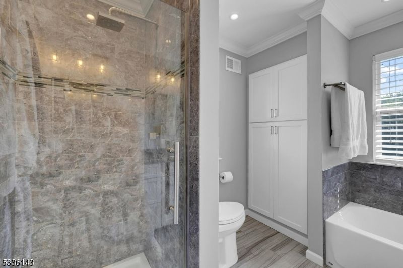 Bathroom, Glass Shower, Interior, Recessed Lighting, Wood Texture Flooring