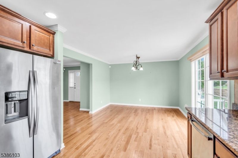 Chandelier, Empty room, Interior, Kitchen, Pendant Lights, Recessed Lighting, Wood Texture Flooring