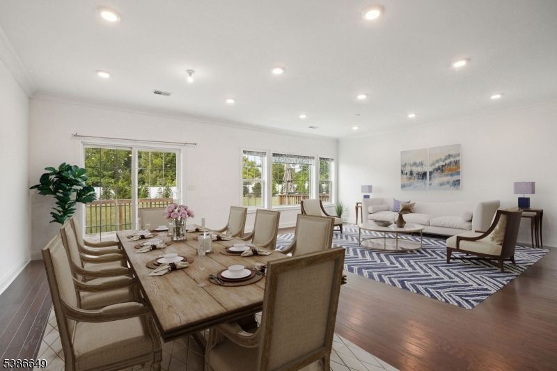 Dining room, Interior, Living room, Recessed Lighting, Wood Texture Flooring