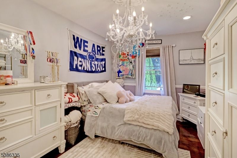 Bedroom, Chandelier, Interior, Recessed Lighting, Wood Texture Flooring