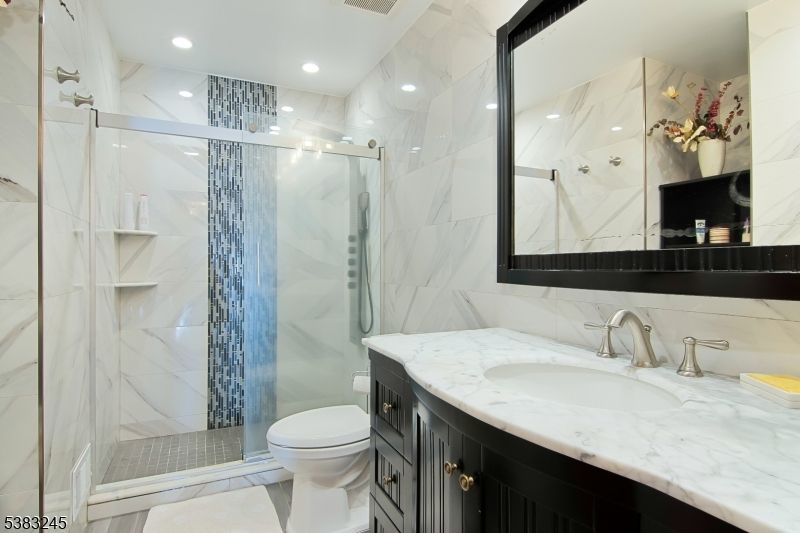 Bathroom, Glass Shower, Interior, Marble Walls, Recessed Lighting