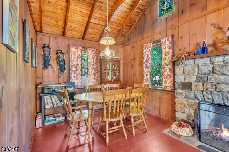 Dining room, Fireplace, Interior, Pendant Lights, Stone Walls, Wooden Beams, Wooden Ceilings, Wooden Walls