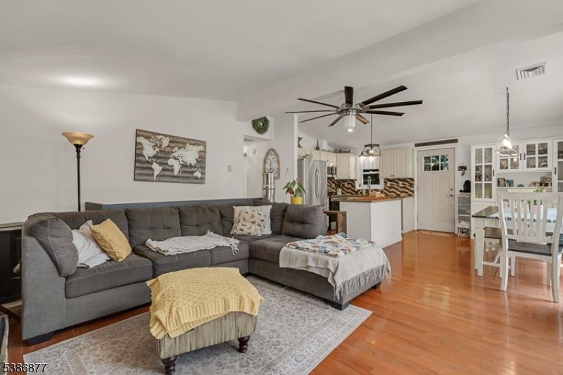 Dining room, Interior, Kitchen, Living room, Pendant Lights, Stainless Steel Appliances, Wood Texture Flooring