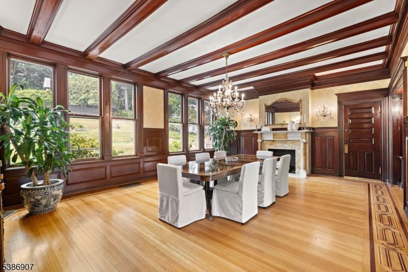 Chandelier, Dining room, Fireplace, Interior, Wooden Beams, Wood Texture Flooring