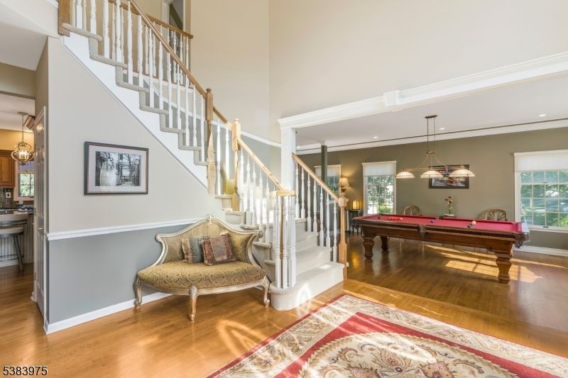 Billiard Table, Game Room, Interior, Pendant Lights, Recessed Lighting, Wood Texture Flooring