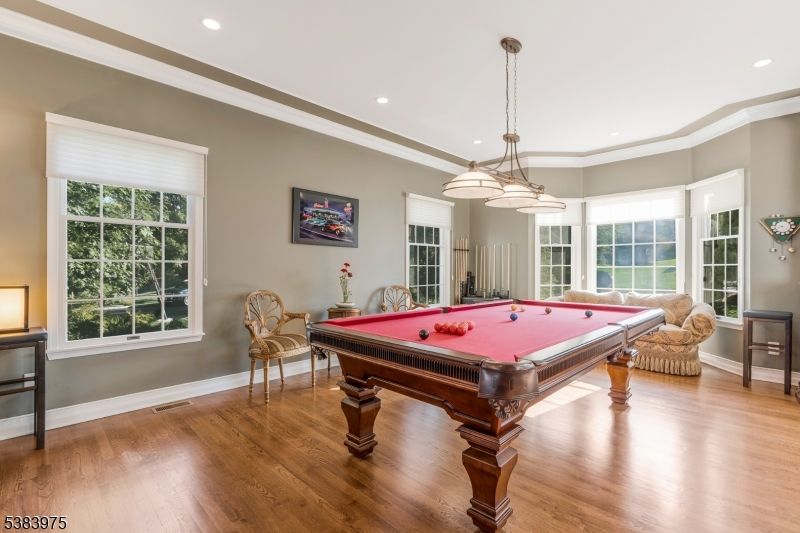 Billiard Table, Game Room, Interior, Pendant Lights, Recessed Lighting, Wood Texture Flooring