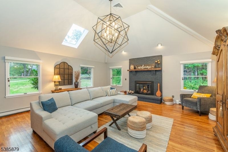 Fireplace, Interior, Living room, Pendant Lights, Recessed Lighting, Wood Texture Flooring