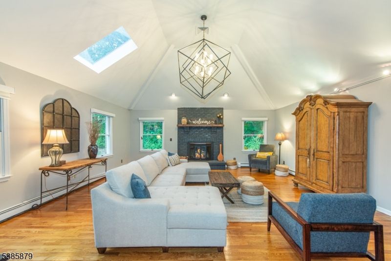 Fireplace, Interior, Living room, Pendant Lights, Recessed Lighting, Wood Texture Flooring