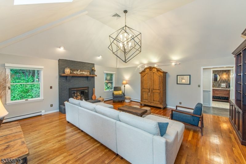 Fireplace, Interior, Living room, Pendant Lights, Recessed Lighting, Wood Texture Flooring