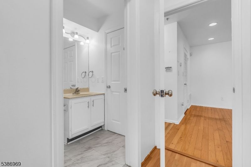 Bathroom, Interior, Marble, Recessed Lighting, Wood Texture Flooring