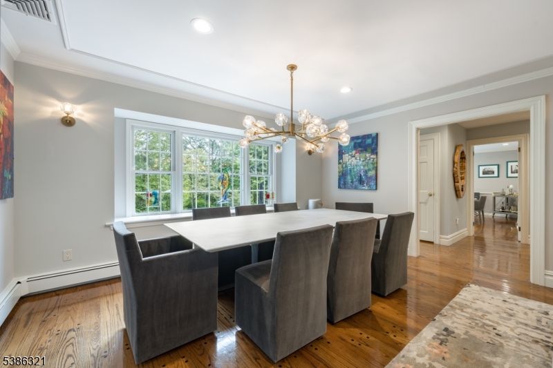 Dining room, Interior, Pendant Lights, Recessed Lighting, Wood Texture Flooring
