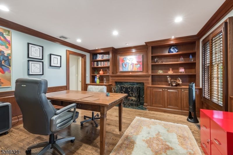 Fireplace, Home Office, Interior, Recessed Lighting, Wood Texture Flooring