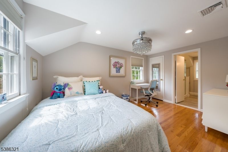 Bedroom, Chandelier, Home Office, Interior, Recessed Lighting, Wood Texture Flooring