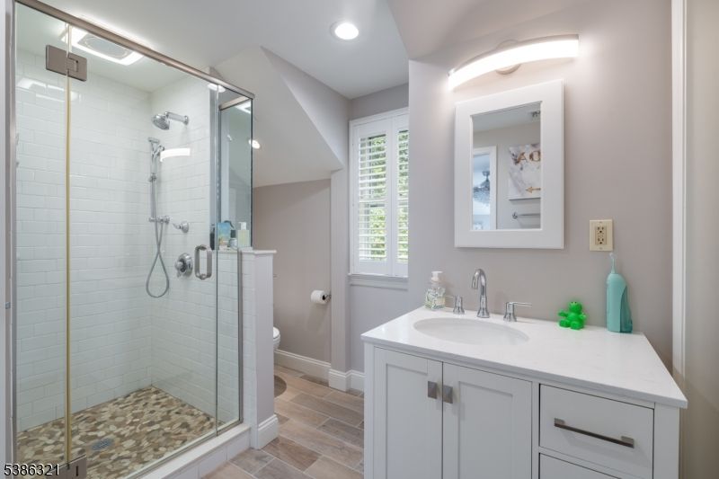 Bathroom, Glass Shower, Interior, Recessed Lighting, Wood Texture Flooring