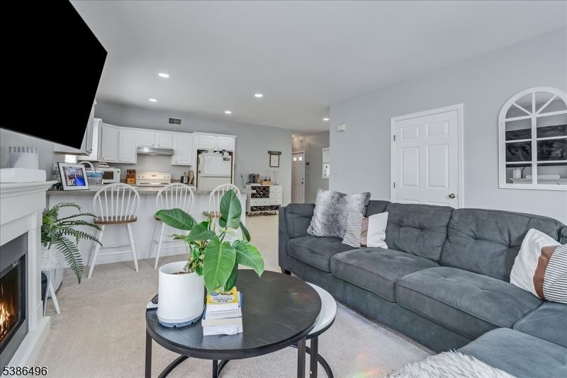 Fireplace, Interior, Kitchen, Living room, Recessed Lighting