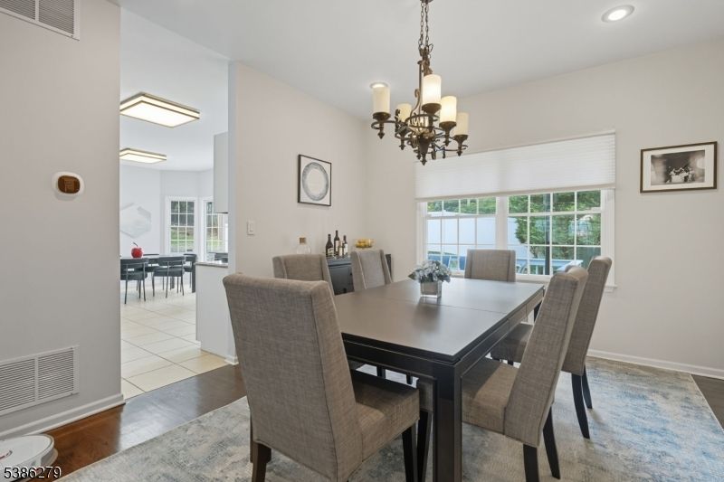 Chandelier, Dining room, Interior, Recessed Lighting, Wood Texture Flooring