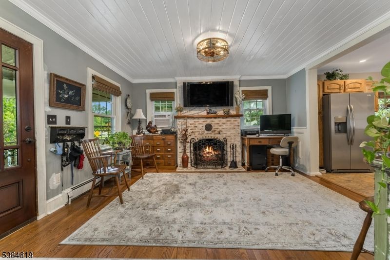 Fireplace, Home Office, Interior, Recessed Lighting, Wood Texture Flooring
